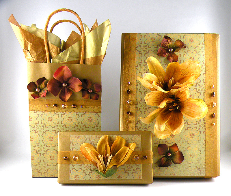 Set Wrapping Paper Flowers Handmade Gold Background Homemade Craft
